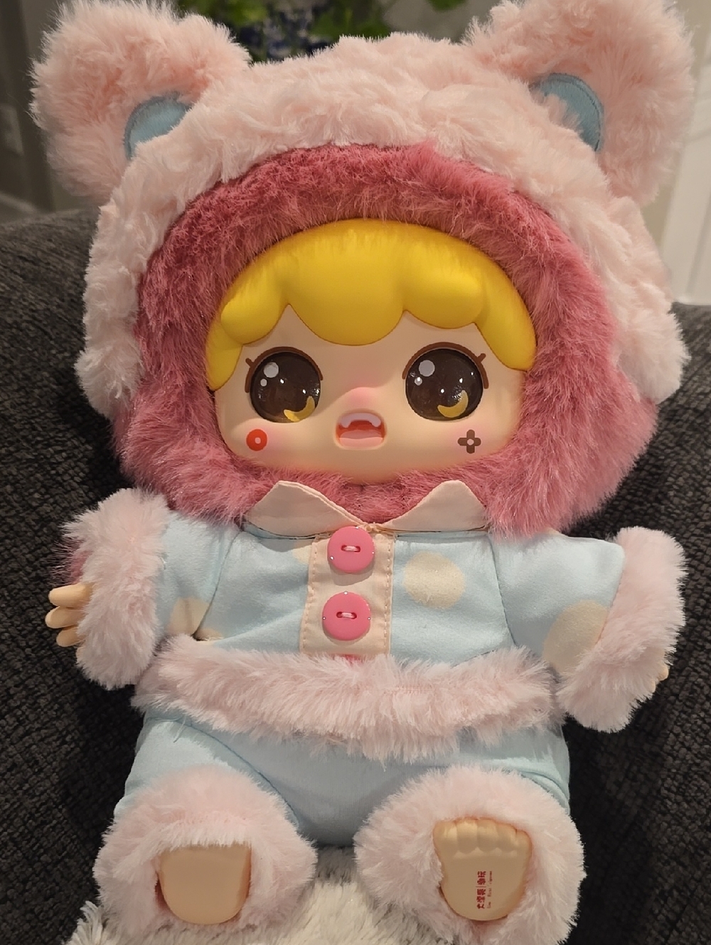 Plush Pink & Light Blue Baby Doll in Fuzzy Bear PJ Outfit